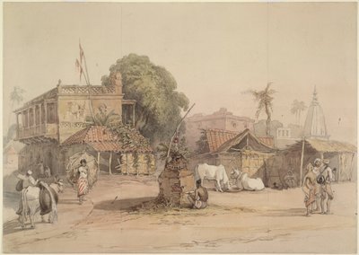 Scena wiejska z małym ołtarzem „tulsi” i nosicielem wody z jego bykiem, Indie ok. 1830-40 autorstwa William Prinsep