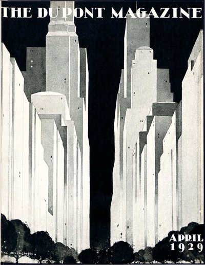 Wieżowce, przednia okładka magazynu DuPont, kwiecień 1929 autorstwa William R. Jr. Hollingsworth