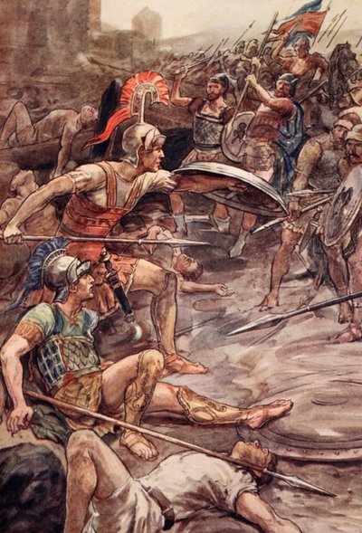 Epaminondas broniący Pelopidasa, ilustracja z „Życia Plutarcha dla chłopców i dziewcząt”, opowiedziana przez W.H. Weston, Londyn ok. 1910 autorstwa William Rainey