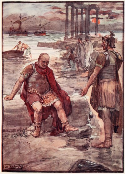Wygnany Marius pośród ruin Kartaginy, ilustracja z „Życia Plutarcha dla chłopców i dziewcząt”, opowiedziana przez W.H. Weston, Londyn ok. 1910 (kolor lito) autorstwa William Rainey