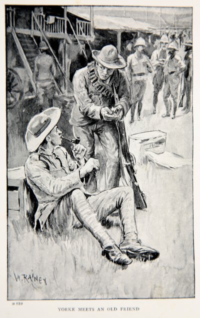Yorke spotyka starego przyjaciela, ilustracja z „With Roberts to Pretoria: A Tale of the South African War” autorstwa G.A. Henty, wyd. Londyn, 1902 autorstwa William Rainey