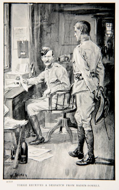 Yorke otrzymuje depeszę z Baden-Powell, ilustrację z „With Roberts to Pretoria: A Tale of the South African War” autorstwa G.A. Henty, wyd. Londyn, 1902 autorstwa William Rainey