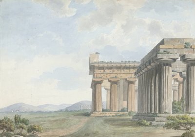 Widoki w Levant: ruiny świątyni w Paestum, ok. 1785 (toaleta z piórem i atramentem na graficie na papierze) autorstwa William Reveley