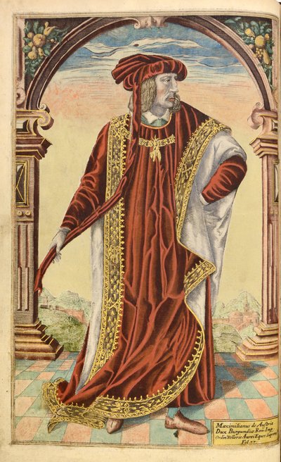 Cesarz Maksymilian I, Honorowy Wojskowy i Cywilny, William Segar, wyd. Robert Barker, Londyn, 1602 (ręcznie barwiony grawerunek) autorstwa William Rogers