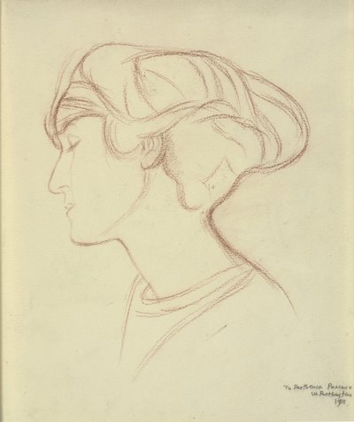 Głowa kobiety (Parthenia Passano?) z profilu po lewej stronie autorstwa William Rothenstein