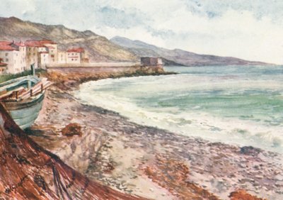 Francja i Włochy, Na brzegu, Mentone, patrząc w kierunku Bordighera (kolorowa litografia) autorstwa William Scott