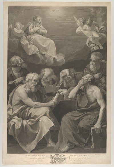 Lekarze kościoła konsultują księgi i dokumenty i kontemplują Dziewicę, która…, 1785 autorstwa William Sharp