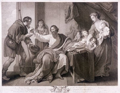 Alfred Wielki dzielący swój chleb z pielgrzymem, 1782 autorstwa William Sharpe