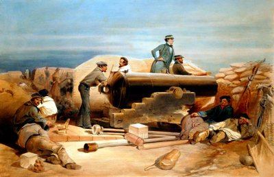 "Spokojny dzień w Diamentowej Baterii - portret 68-funtówki Lancastera", Wojna Krymska 1855-1856 autorstwa William Simpson
