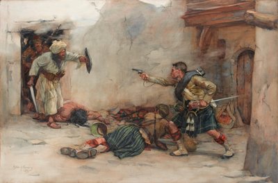 Perkusista James Roddick z 92. Gordon Highlanders, broniący porucznika Menziesa podczas walki wręcz w Kandaharze autorstwa William Skeoch Cumming