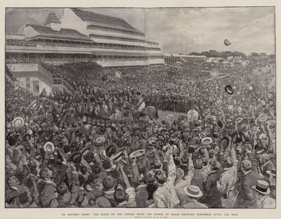 Historyczne derby, scena na trasie, kiedy książę Walii otrzymał Persimmon po wyścigu autorstwa William Small