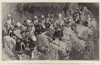 Po bitwie pod Dargai Gordon Highlanders sprowadzają zabitych i rannych Gurkhów z miejsca akcji autorstwa William Small