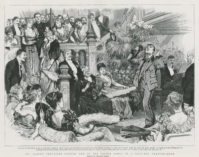 Pan Albert Chevalier śpiewa jedną ze swoich piosenek na zamówienie w salonie na West Endzie (grafika) autorstwa William Small