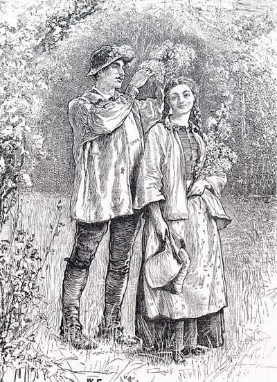 Ukoronowanie Królowej Maja wieńcem z głogu przez ukochaną. Williama Smalla (1843-1929), angielskiego ilustratora autorstwa William Small