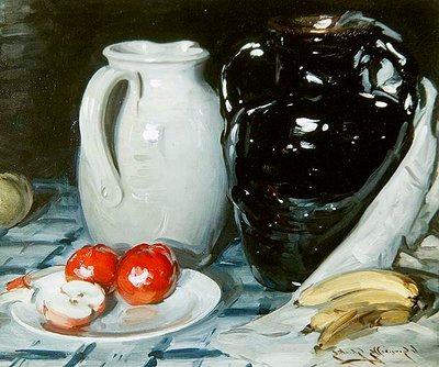 Martwa natura z jabłkami i bananami oraz duży dzbanek i wazon (olej na pokładzie) autorstwa William Somerville Shanks