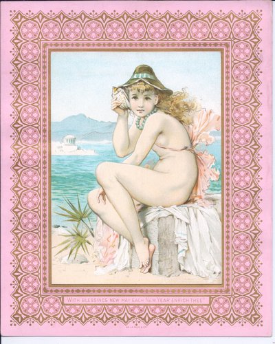 Wiktoriańska kartka noworoczna przedstawiająca kąpiącą się piękność na plaży trzymającą muszlę przy uchu, ok. 1881 r. autorstwa William Stephen Coleman