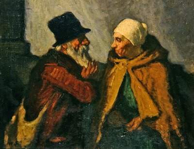 Rozmawiająca para staruszków (olej na panelu) autorstwa William Strang