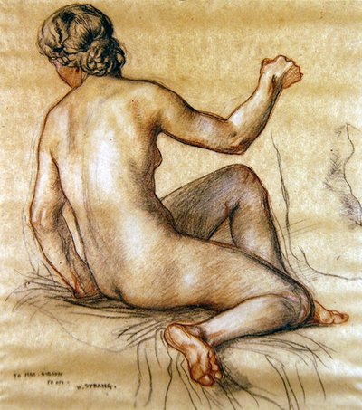 Studium aktu kobiecego siedzącego od tyłu, ok. 1890 (węgiel, czerwono-biała kreda na papierze) autorstwa William Strang
