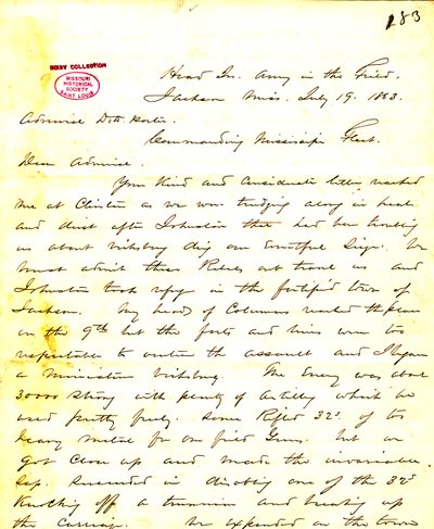 List od W.T. Shermana, kwatery głównej, Army in the Field, Jackson, Mississippi, do [Davida D.] Portera, 19 lipca 1863 autorstwa William T. Sherman
