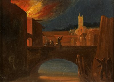 Bristol Riots: The Burning of Bridewell, z kościołem św. Michała, Most Bridewell, ok. 1831 (olej na papierze) autorstwa William W. Wheatley