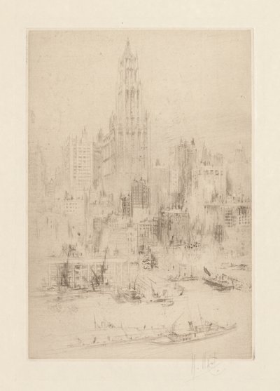 Centrum Manhattanu od strony East River, z budynkiem Woolworth Building autorstwa William Walcot