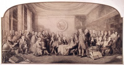 Wybitni ludzie nauki w latach 1807-1808. Spotkanie w bibliotece Królewskiego Instytutu Nauk w Anglii. Grawerowanie autorstwa Williama Walkera i Sir Johna Gilberta (1817 - 1897) - Wybitni ludzie nauki żyjący w 1807 r. - Wybitni ludzie nauki autorstwa William Walker