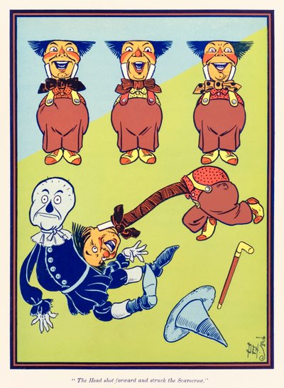 Głowa wystrzeliła do przodu i uderzyła Stracha na wróble z Wspaniały czarnoksiężnik z krainy Oz L. Franka Bauma autorstwa William Wallace Denslow