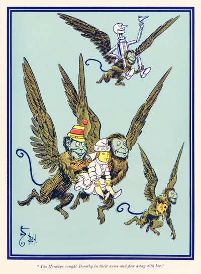 „Małpy złapały Dorotę w ramiona i odleciały z nią” z „Wspaniałego czarnoksiężnika z krainy Oz” L. Franka Bauma autorstwa William Wallace Denslow
