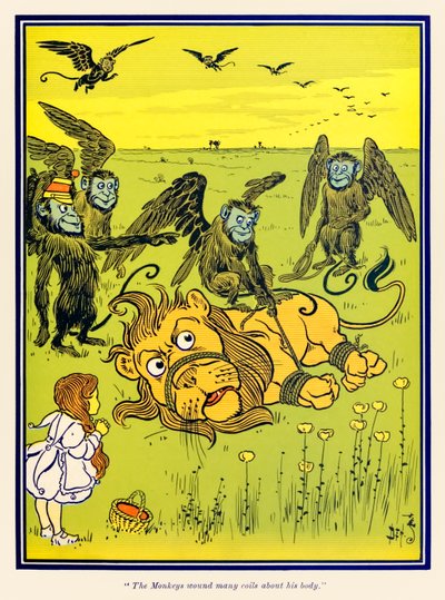 „Małpy owinęły wiele zwojów wokół jego ciała” z „Wspaniałego czarnoksiężnika z krainy Oz” L. Franka Bauma autorstwa William Wallace Denslow