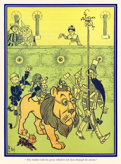Żołnierz z zielonymi wąsami prowadził ich przez ulice. z Cudownego Czarnoksiężnika z Krainy Oz L. Franka Bauma autorstwa William Wallace Denslow