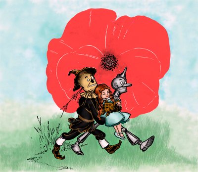 Cudowny Czarnoksiężnik z Krainy Oz – Czarnoksiężnik z Krainy Oz: rysunek autorstwa Denslowa, William Wallace (1856-1915) do jednego z pierwszych wydań książki Franka Bauma (1856-1919) – Dorothee (Dorothy) i jego pies Toto są daleko od śmiertelne pole maków autorstwa William Wallace Denslow