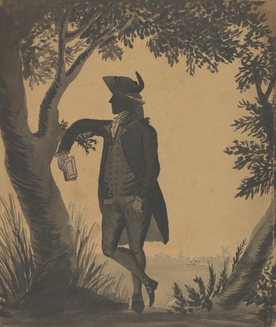 Młody mężczyzna oparty o drzewo z książką, ca. 1780-89. autorstwa William Wellings