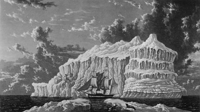 Góra lodowa w Zatoce Baffina, lipiec 1819, z "Journal of a Voyage for the Discovery of a North West Passage from the Atlantic to the Pacific performed in the Years 1819-20", William Edward Parry, wyd. autorstwa William Westall