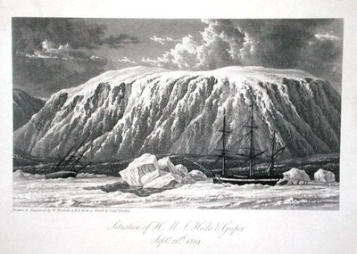 Sytuacja H.M.S. Hecla & Griper, 20 września 1819, z „Journal of a Voyage for the Discovery of North West Passage z Atlantyku na Pacyfik w latach 1819-20”, William Edward Parry, opublikowany 1821 (rycina) autorstwa William Westall