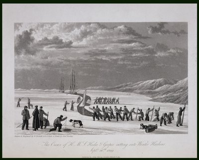 Załogi H.M.S. Hecla und Griper wbijają się do Portu Zimowego, 26 września 1819 r., z „Journal of a Voyage for the Discovery of North West Passage z Atlantyku na Pacyfik, wykonanej w t autorstwa William Westall