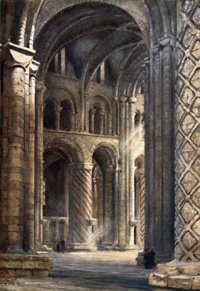 Durham, wnętrze katedry patrzące przez nawę na południowy transept (kolor lito) autorstwa William Wiehe Collins