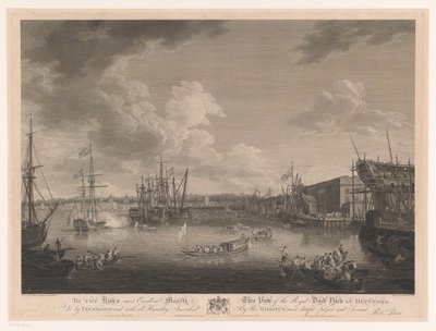 Widok na Stocznię Deptford (...) Widok na Royal Dock Yark w Deptford (...) (tytuł na obiekcie) autorstwa William Woollett