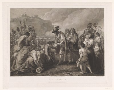 Karol II z Anglii przybywa na plażę w Dover, 25 maja 1660 r Przywrócenie (tytuł na obiekcie) autorstwa William Woollett
