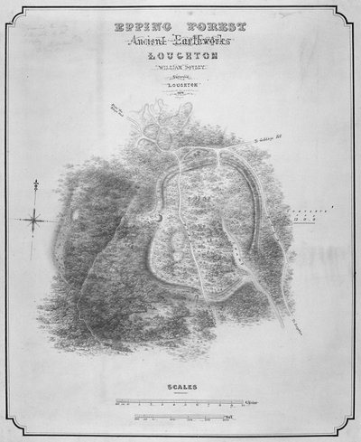 Mapa starożytnych robót ziemnych w Loughton Camp wykonana około 52 rne w Epping Forest, Essex, 1876 r. autorstwa William d