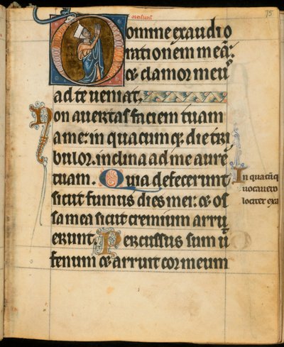 Dodać. 49999, f.75 Inicjał „D” przedstawiający kobietę na modlitwie, ilustracja z „Godziny De Brailesa”, c.1240 (welum) autorstwa William de Brailes