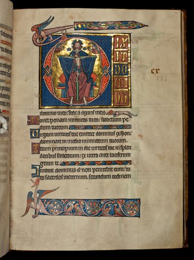 Ms 322 f.113r Psalm 109, inicjał D, Trójca Święta, ilustracja z "De Brailes Psalter", ok. 1250 r. autorstwa William de Brailes  