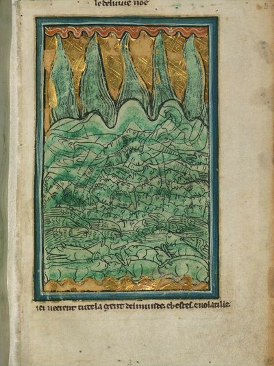 „Potop Noego”, ok. 1250 (atrament i pigment na pergaminie) autorstwa William de Brailes