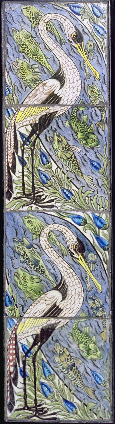 Cztery płytki przedstawiające ptaki łowiące ryby (ceramiczne) autorstwa William de Morgan