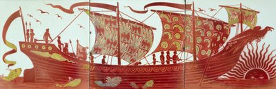 Trzy płytki przedstawiające statek płynący o zachodzie słońca (ceramika) autorstwa William de Morgan