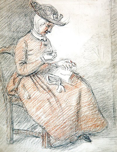 Kobieta siedząca do szycia (czerwona i czarna kreda na papierze) autorstwa William of Bath Hoare