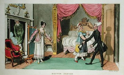 Doctor Syntax Patrząc na kwatery z „The Tour of Doctor Syntax przez Londyn, czyli przyjemności i nieszczęścia metropolii”. Wiersz”, opublikowany 1820 (akwatinta) autorstwa Williams Williams