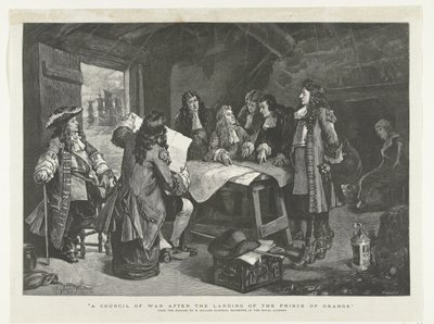 Wilhelm III odbywa naradę wojenną w chacie rybackiej, 1688 Narada wojenna po wylądowaniu księcia Orange (tytuł na obiekcie) autorstwa Williamson