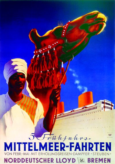 "5 wiosennych rejsów po Morzu Śródziemnym", plakat reklamujący Bremen North German Lloyd Line autorstwa Willy Hanke