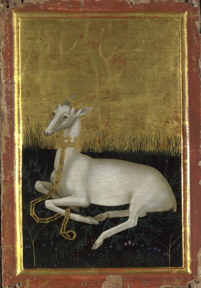 Biały jeleń przykuty łańcuchem z koroną na szyi Zewnętrzny panel Dyptyku Wilton, między 1395 a 1399 autorstwa Wilton Master