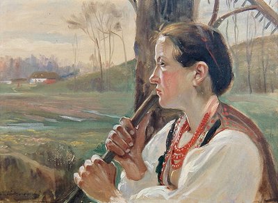 Dziewczyna z grabiami, ok. 1914 (olej na pokładzie) autorstwa Wincenty Wodzinowsky